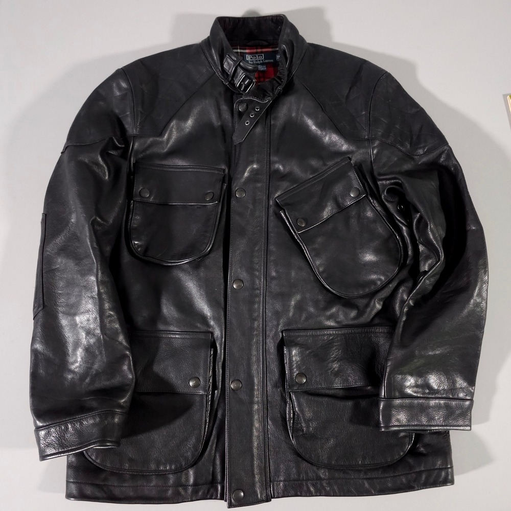 Vintage Polo Ralph Lauren Black Leather Field Barn Jacket L Wool Plaid Lined